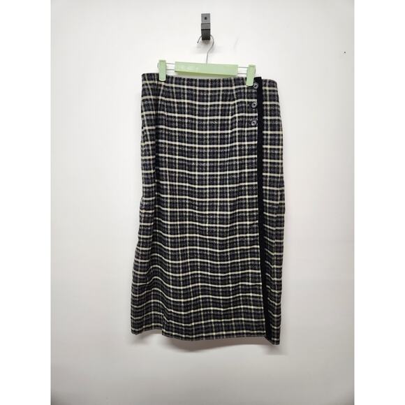 Vintage Talbots Women's Midi Plaid Straight/Pencil Wrap Skirt, Sz 16 Black/Cream - Picture 1 of 12